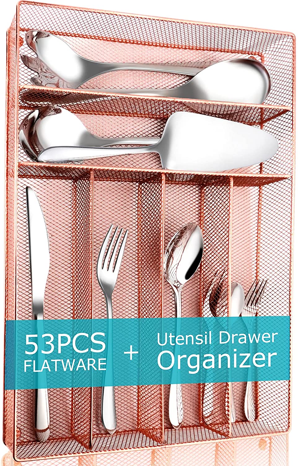 Silverware Set, 53-Piece Flatware Set with Drawer Organizer, Stainless Steel Modern Cutlery