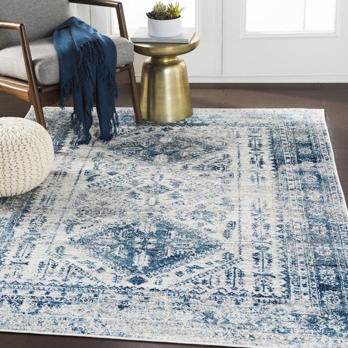 Oriental Sky Blue/Light Gray/White/Navy Area Rug